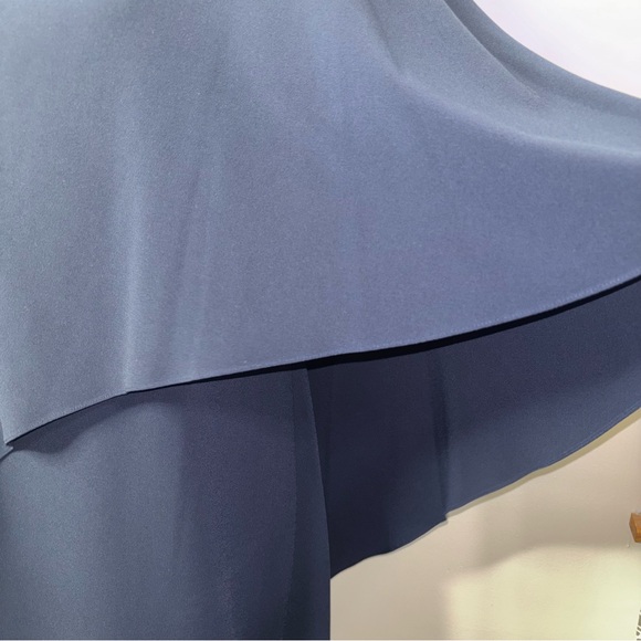 Halston Heritage Asymmetric Drape Crepe Dress Size 10 Blue Cape Capelet Sleeve - Picture 2 of 13